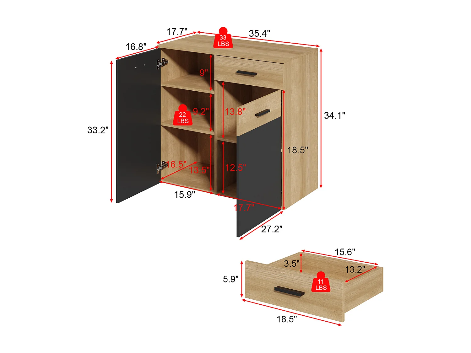 Armoire de rangement basse en Gris foncé&Bois,3 étagères,2 portes,idéale pour chambre salon,dispositif anti-basculement,90x45x85cm