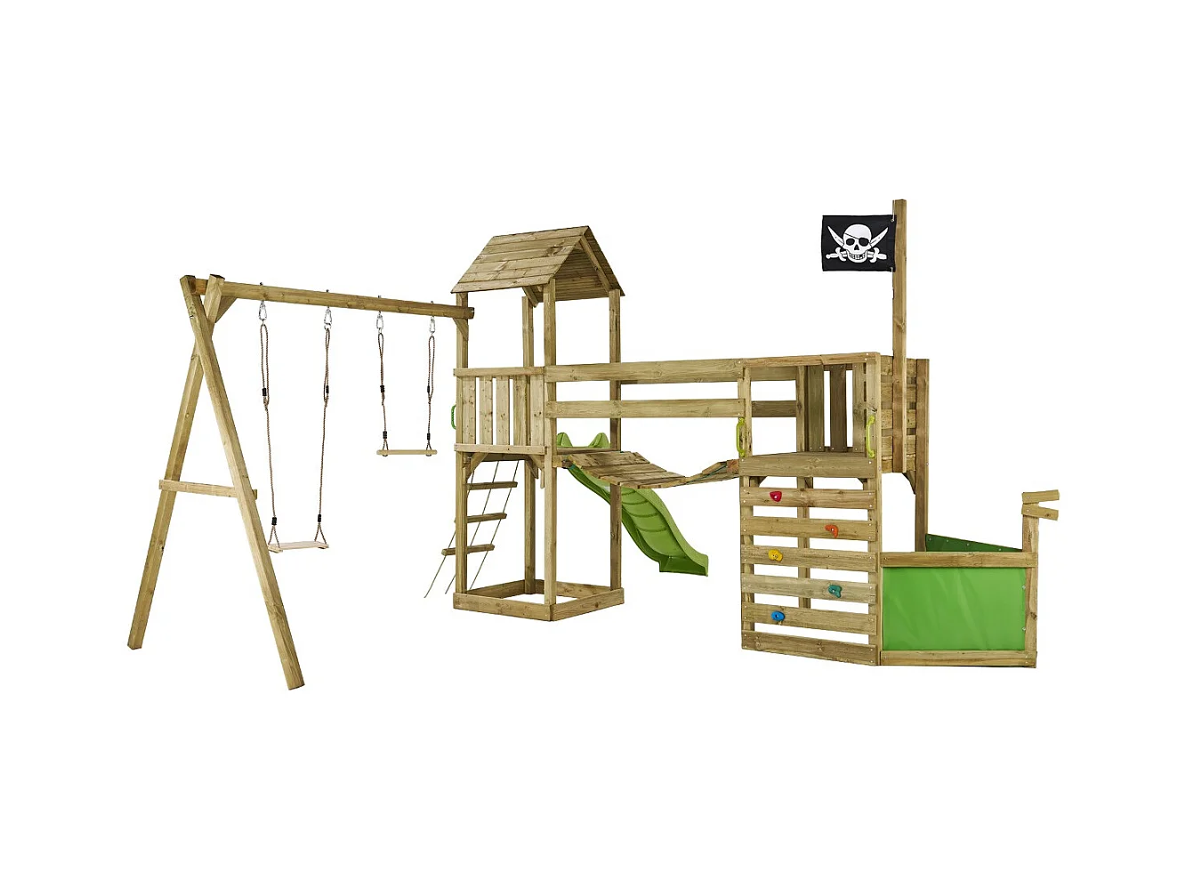 Kangui - Aire de jeux pirate en bois avec vigie WILLI - Balançoire, trapèze, toboggan, mur d'escalade, cabane sur plateforme, pont suspendu