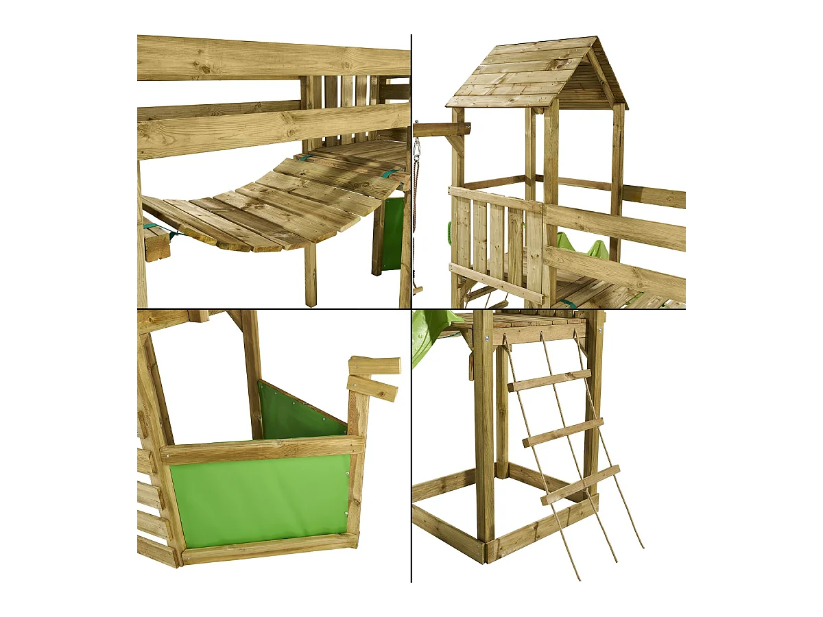 Kangui - Aire de jeux pirate en bois avec vigie WILLI - Balançoire, trapèze, toboggan, mur d'escalade, cabane sur plateforme, pont suspendu