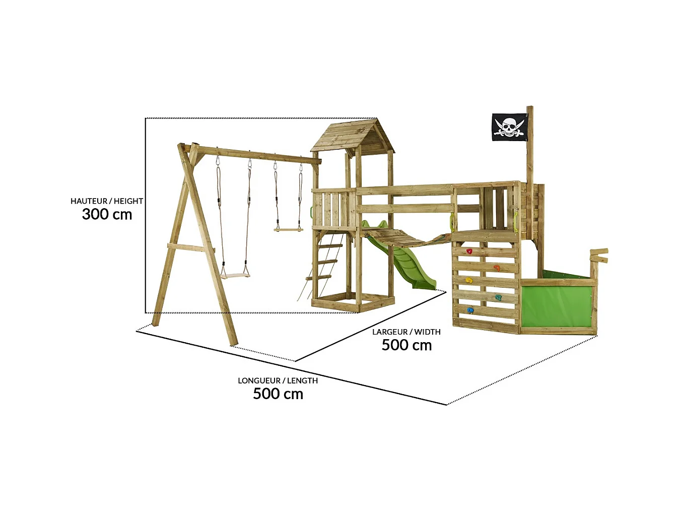 Kangui - Aire de jeux pirate en bois avec vigie WILLI - Balançoire, trapèze, toboggan, mur d'escalade, cabane sur plateforme, pont suspendu