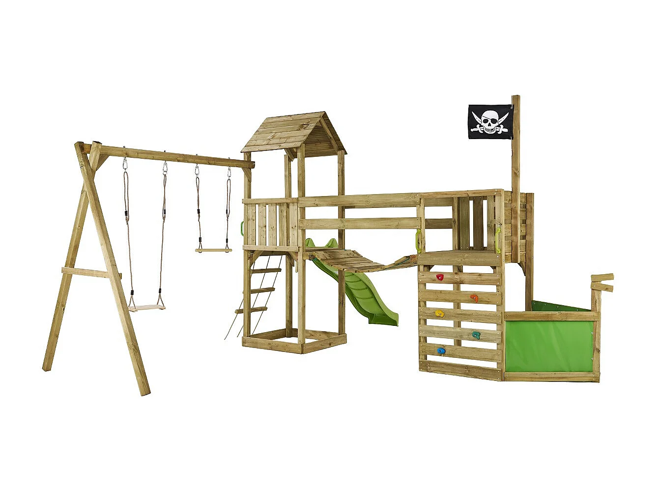 KANGUI Aire de jeux pirate en bois avec vigie WILLI - Balançoire, trapèze, toboggan, mur d'escalade, cabane sur plateforme, pont suspendu
