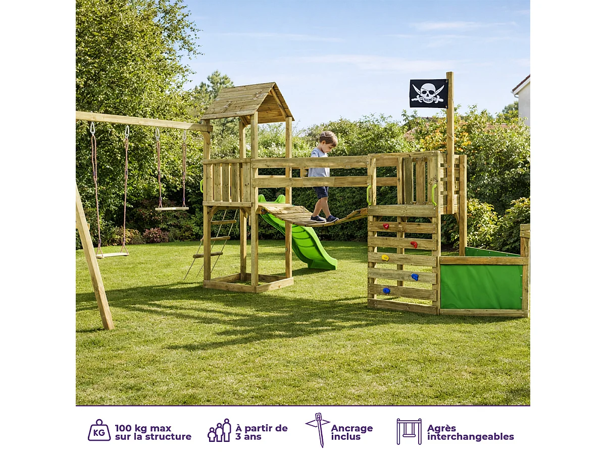 KANGUI Aire de jeux pirate en bois avec vigie WILLI - Balançoire, trapèze, toboggan, mur d'escalade, cabane sur plateforme, pont suspendu
