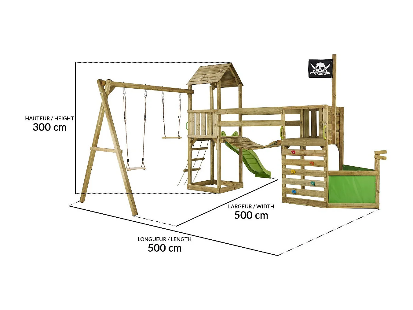 KANGUI Aire de jeux pirate en bois avec vigie WILLI - Balançoire, trapèze, toboggan, mur d'escalade, cabane sur plateforme, pont suspendu