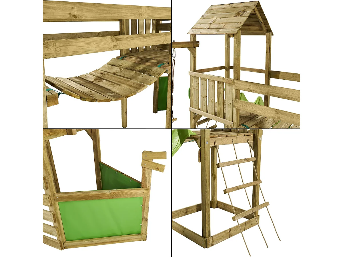 KANGUI Aire de jeux pirate en bois avec vigie WILLI - Balançoire, trapèze, toboggan, mur d'escalade, cabane sur plateforme, pont suspendu