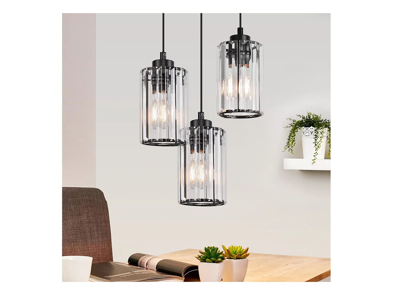 NETTLIFE Lampe à Suspension Pour Table à Manger En Cristal Noir Moderne 3 Flammes E27