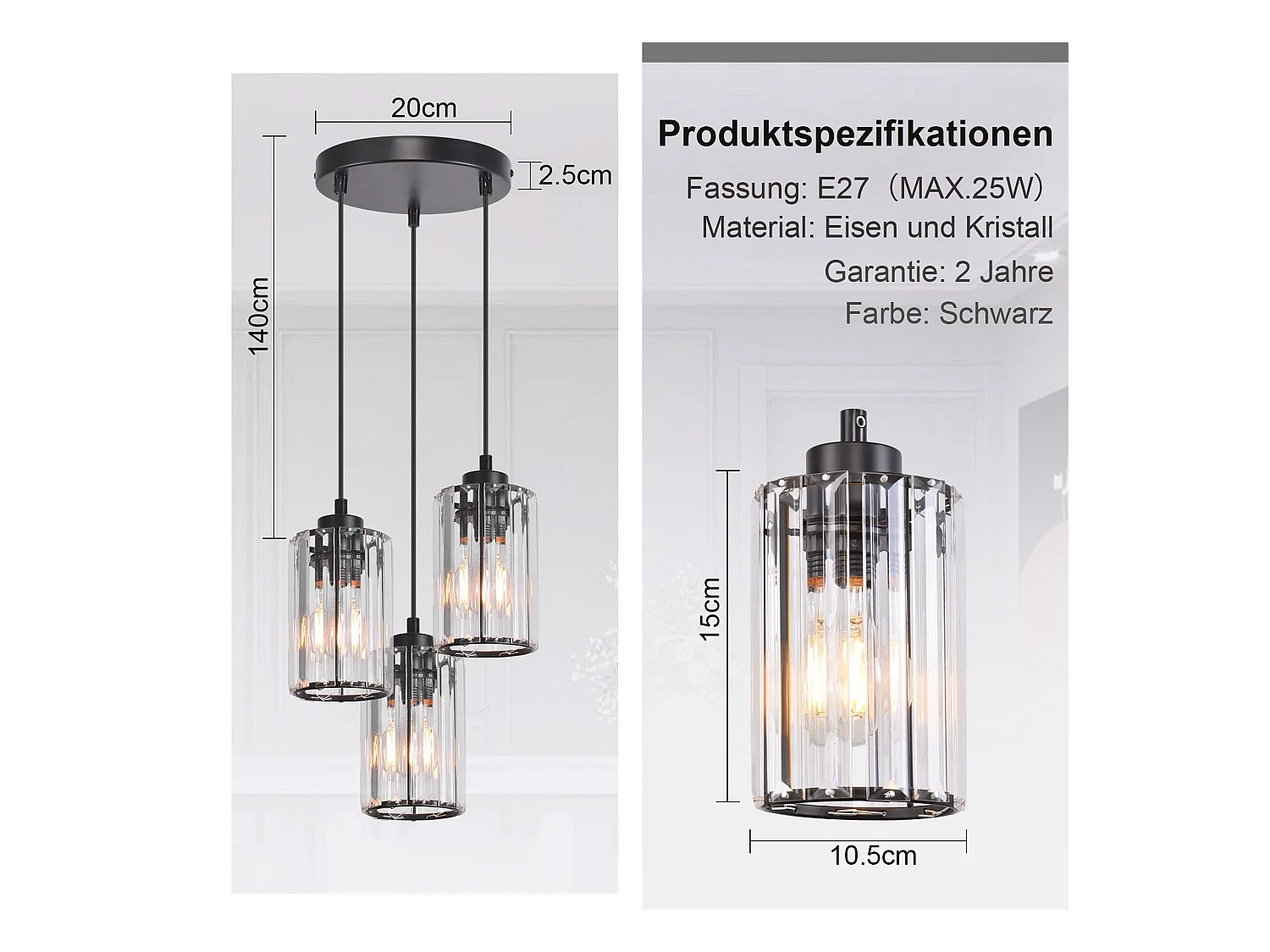 NETTLIFE Lampe à Suspension Pour Table à Manger En Cristal Noir Moderne 3 Flammes E27