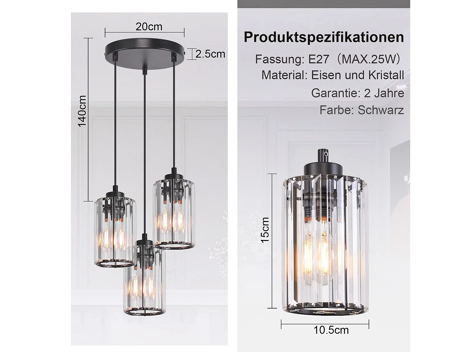 NETTLIFE Lampe à Suspension Pour Table à Manger En Cristal Noir Moderne 3 Flammes E27