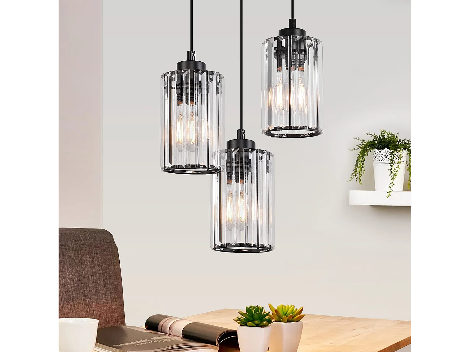 NETTLIFE Lampe à Suspension Pour Table à Manger En Cristal Noir Moderne 3 Flammes E27