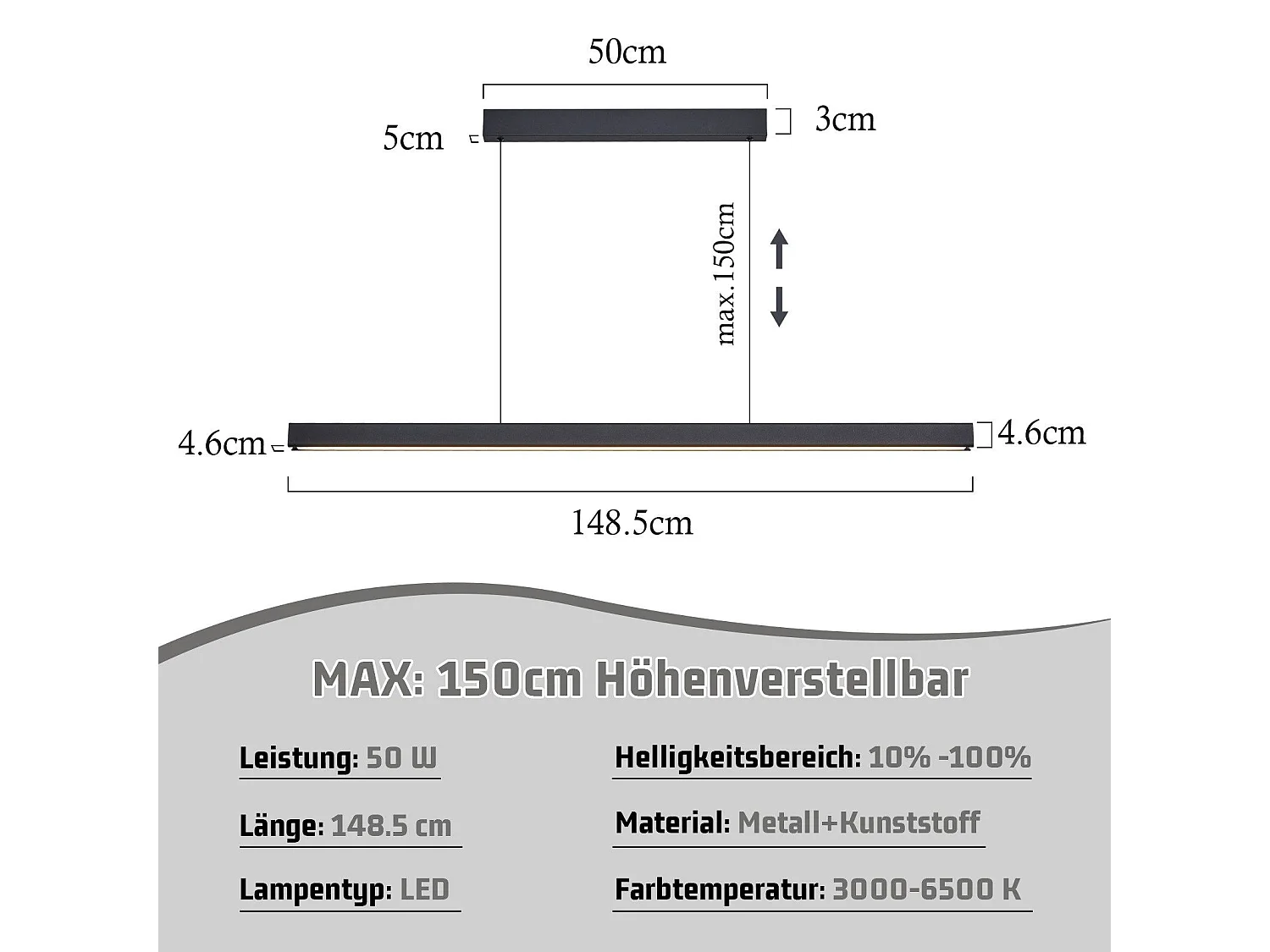 Suspension LED NETTLIFE pour salle à manger, intensité variable, noire, moderne, 50 W, 148,5 cm