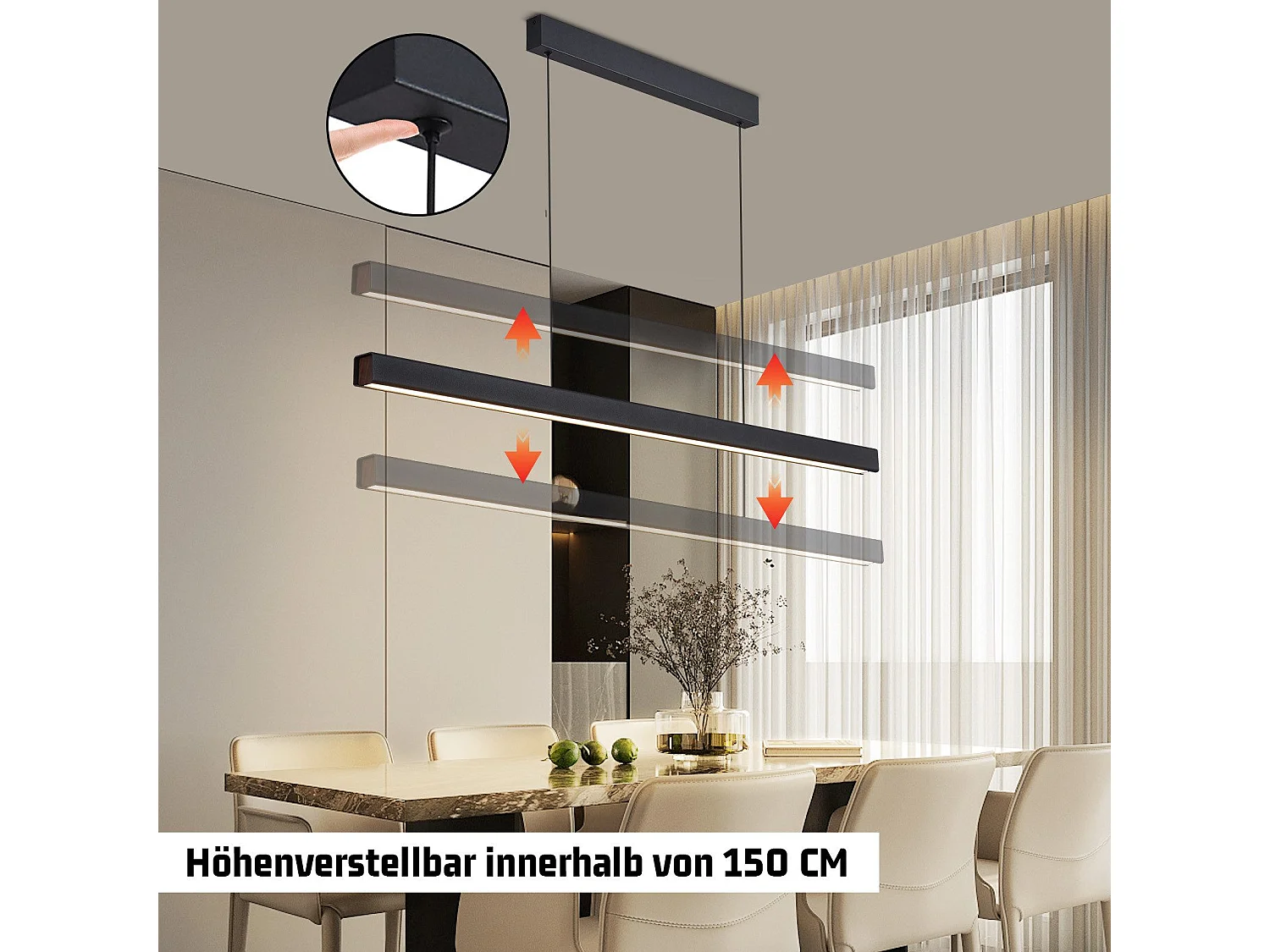 Suspension LED NETTLIFE pour salle à manger, intensité variable, noire, moderne, 50 W, 148,5 cm