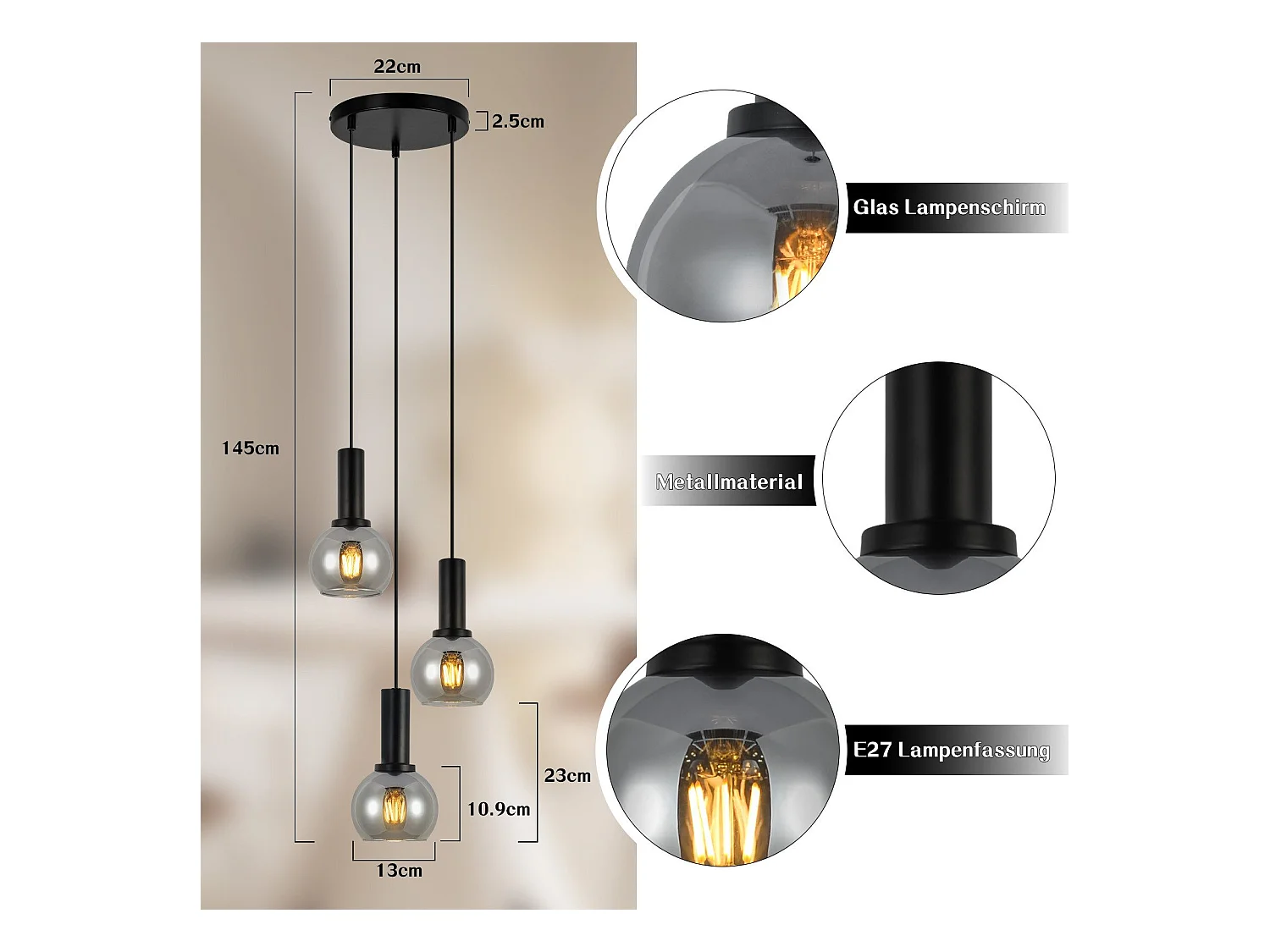 Lampe suspendue NETTLIFE pour table à manger, suspension en verre à 3 flammes vintage suspendue E27