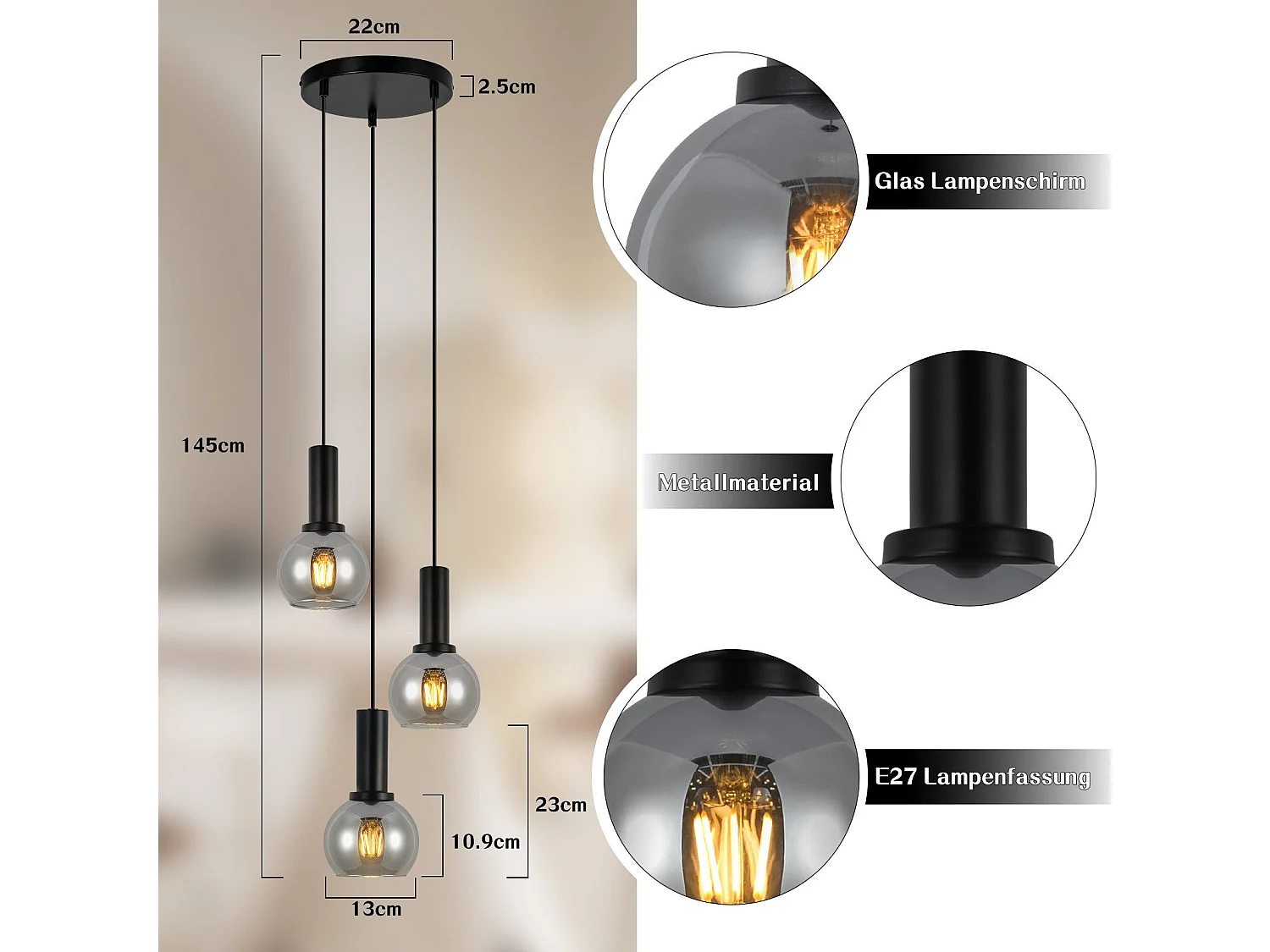 Lampe suspendue NETTLIFE pour table à manger, suspension en verre à 3 flammes vintage suspendue E27