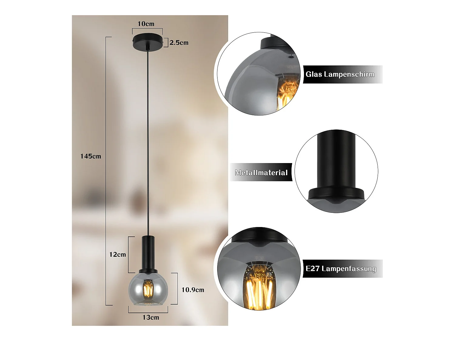 Lampe suspendue NETTLIFE vintage pour table à manger - Lampe suspendue 1 flamme en verre noir industrielle E27