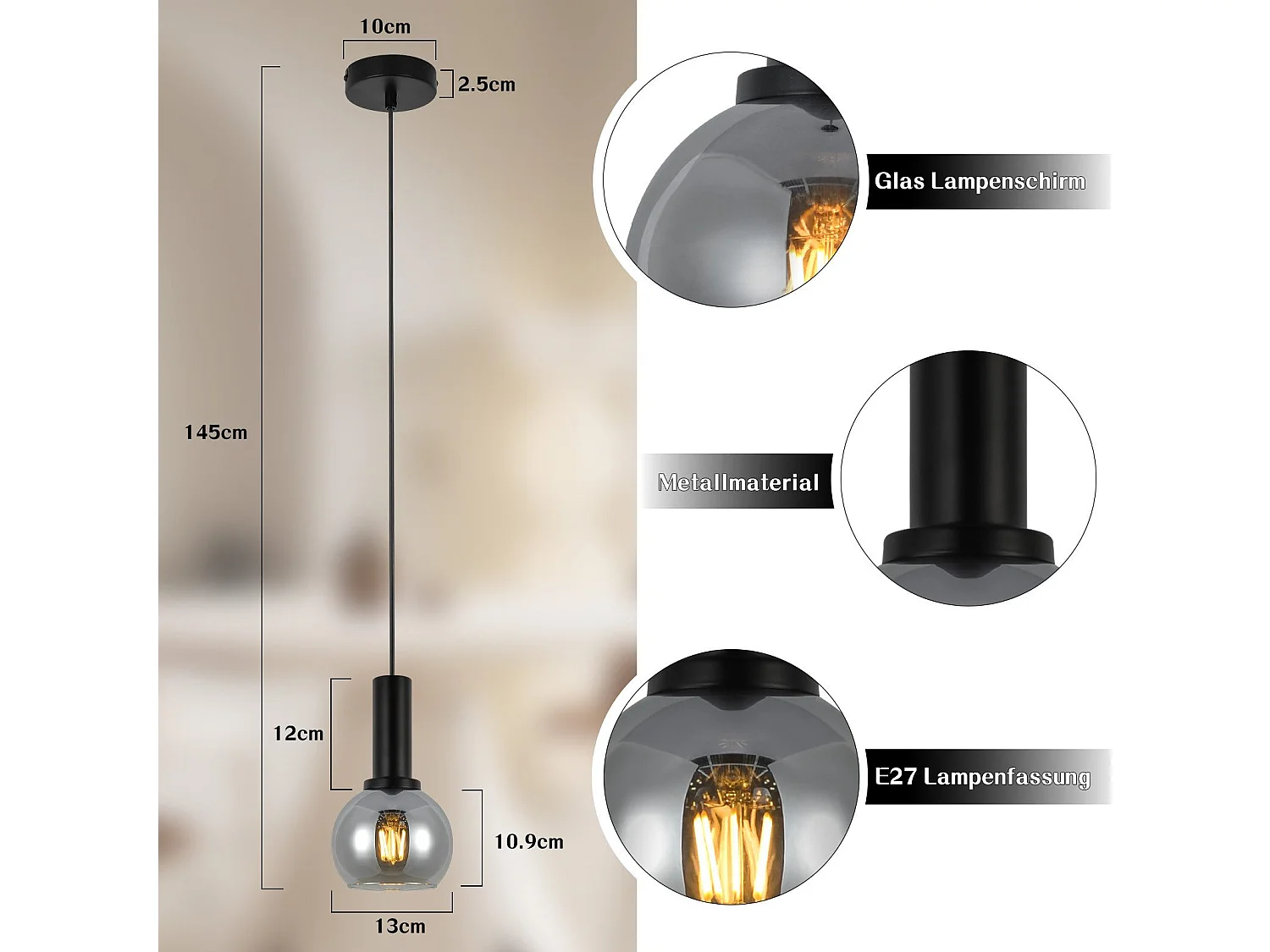 Lampe suspendue NETTLIFE vintage pour table à manger - Lampe suspendue 1 flamme en verre noir industrielle E27