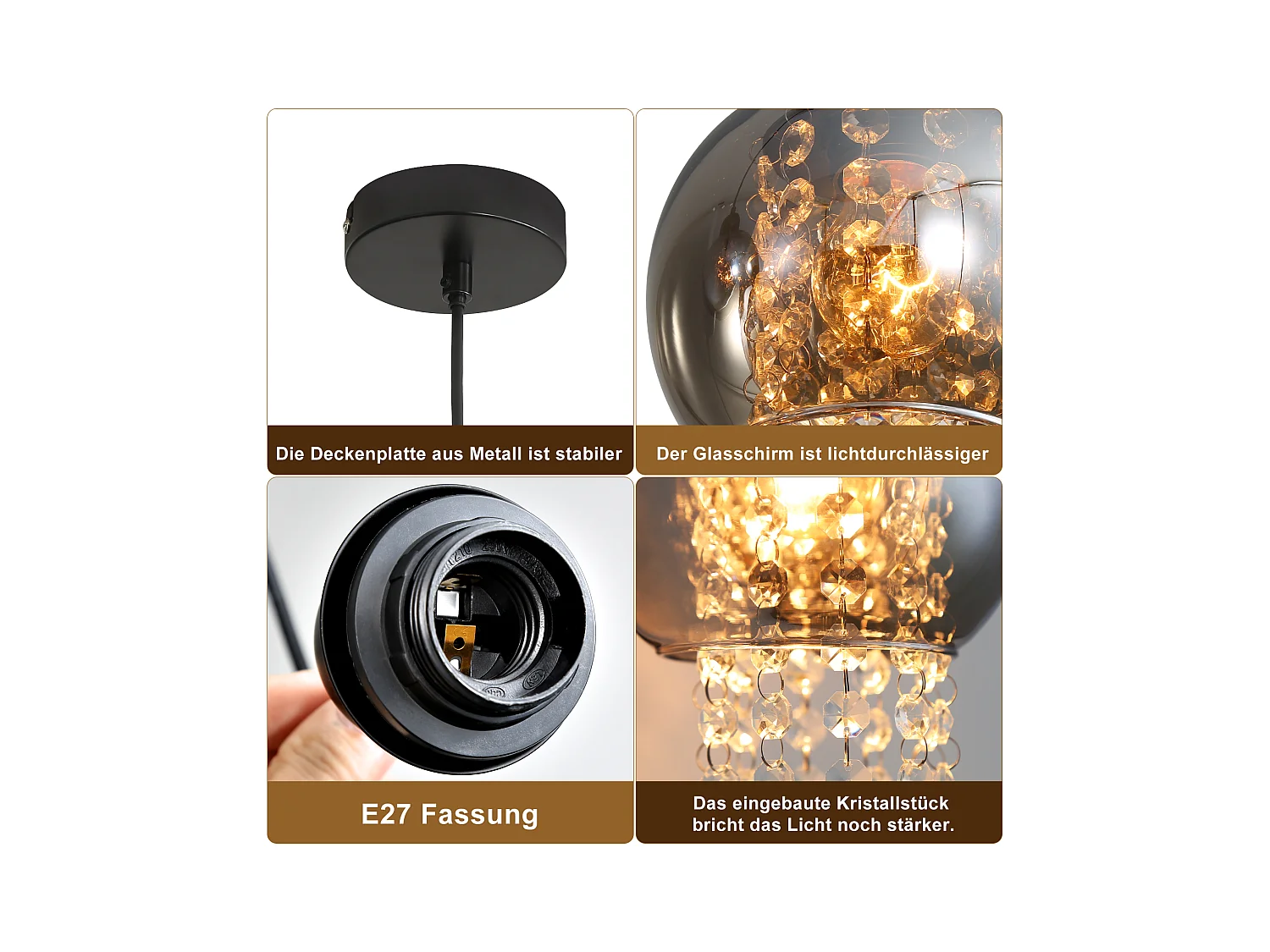 NETTLIFE Lampe Suspendue Pour Table à Manger En Cristal Noir E27 Lampe Suspendue Moderne Pour Salon