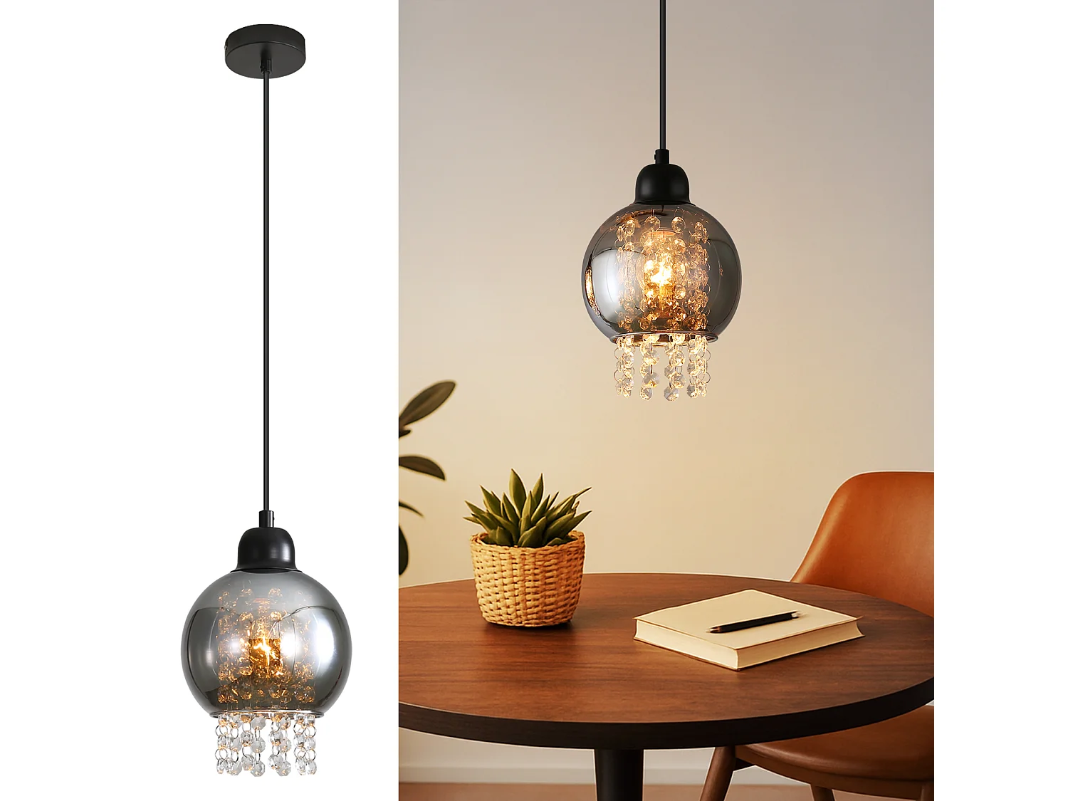 NETTLIFE Lampe Suspendue Pour Table à Manger En Cristal Noir E27 Lampe Suspendue Moderne Pour Salon