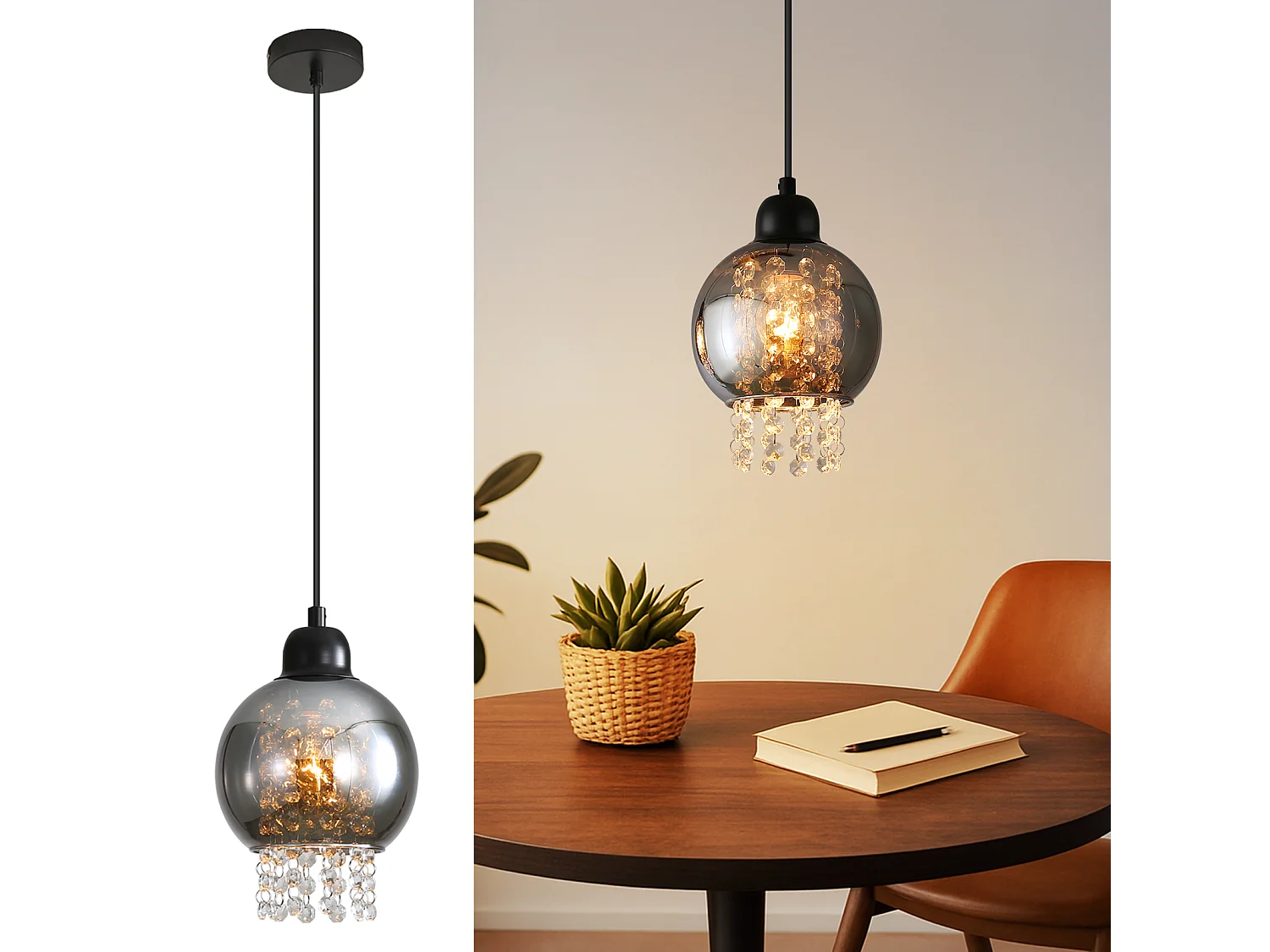 NETTLIFE Lampe Suspendue Pour Table à Manger En Cristal Noir E27 Lampe Suspendue Moderne Pour Salon