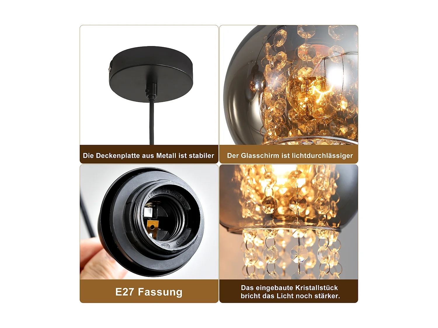 NETTLIFE Lampe Suspendue Pour Table à Manger En Cristal Noir E27 Lampe Suspendue Moderne Pour Salon