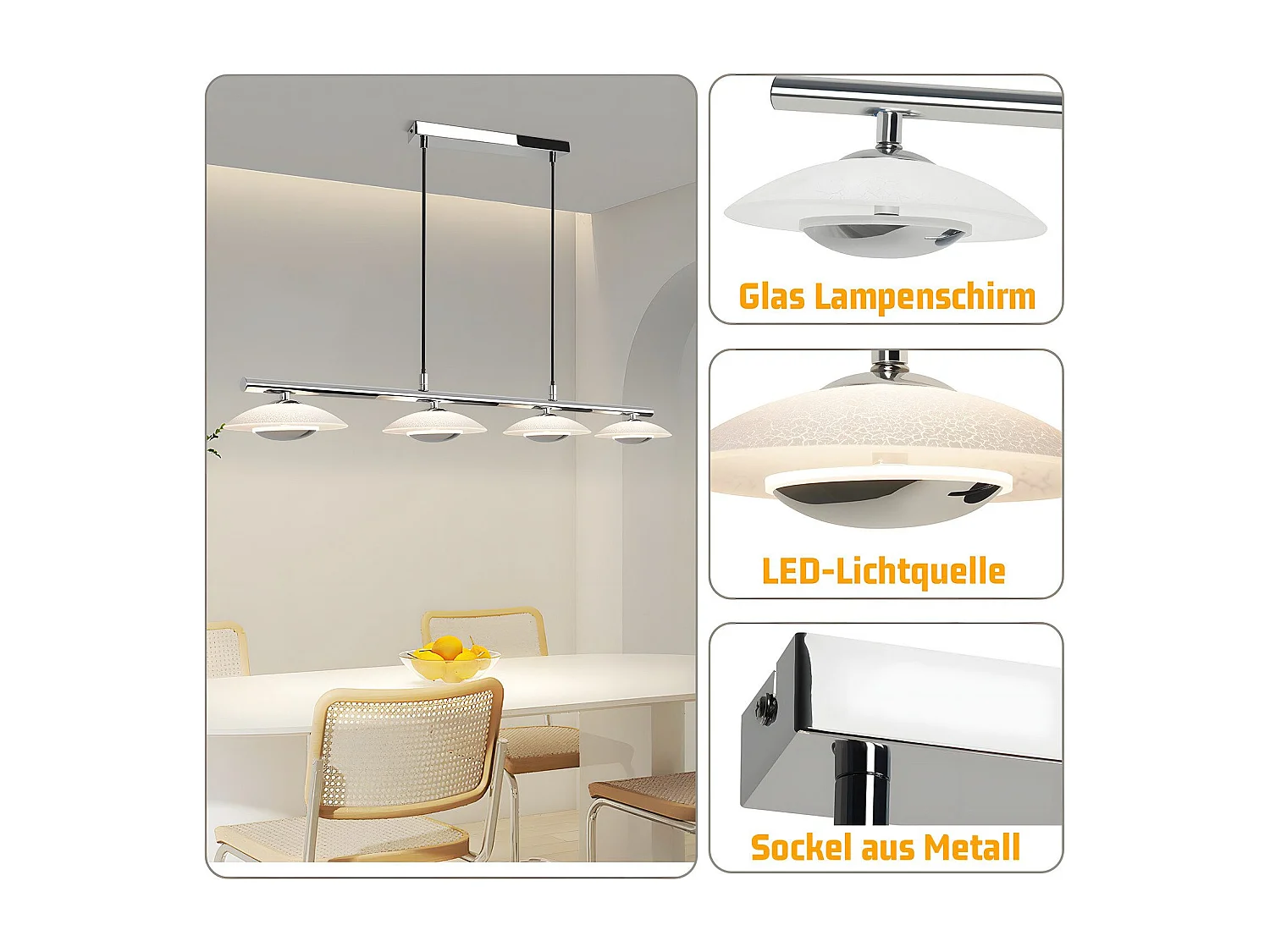 NETTLIFE LED Hanglamp - chroomglas - 24W eetkamerlamp - moderne hanglamp - 4 lichts - 3000K warm wit - metaal - voor woonkamer | slaapkamer | keuken