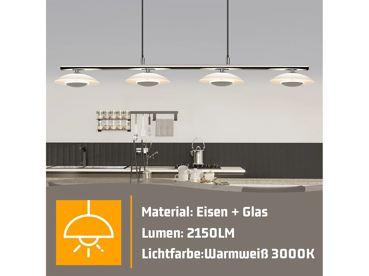 NETTLIFE LED Hanglamp - chroomglas - 24W eetkamerlamp - moderne hanglamp - 4 lichts - 3000K warm wit - metaal - voor woonkamer | slaapkamer | keuken