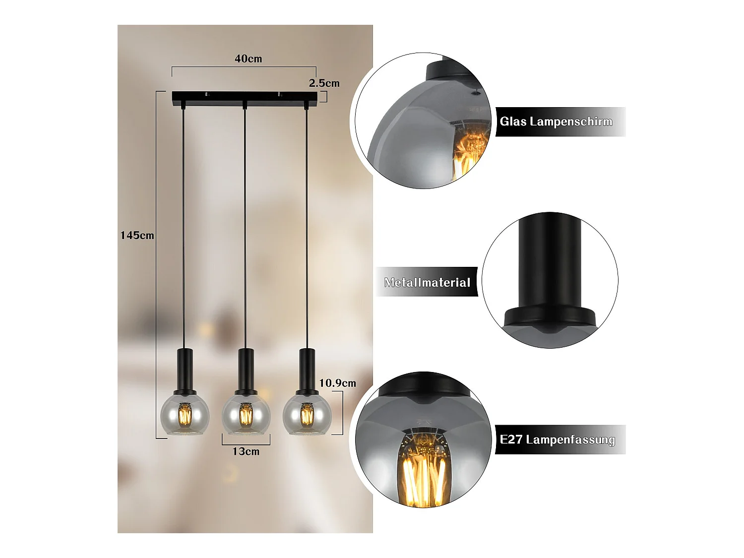 Suspension NETTLIFE vintage 3 flammes lampe suspendue verre E27 à manger lampe réglable en hauteur industrielle