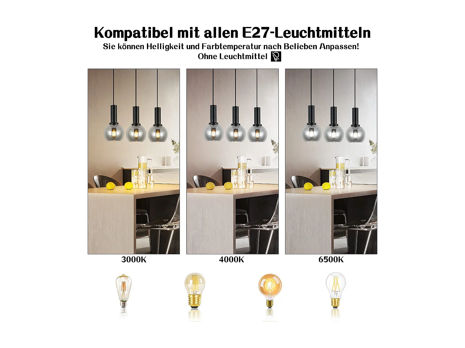 Suspension NETTLIFE vintage 3 flammes lampe suspendue verre E27 à manger lampe réglable en hauteur industrielle