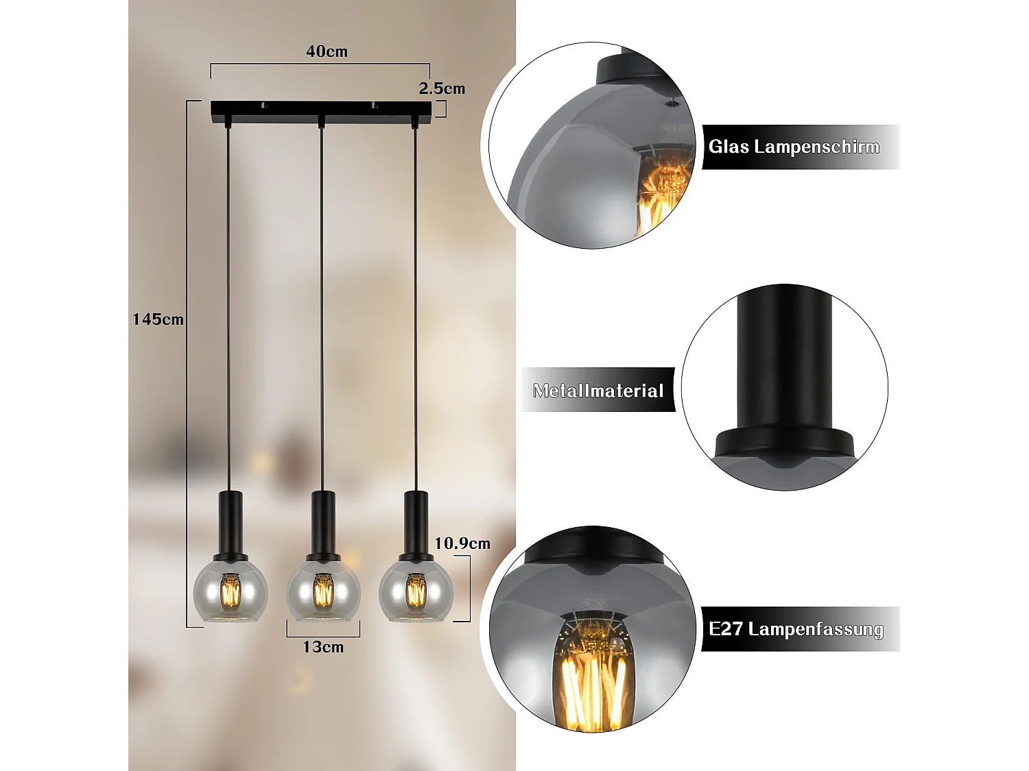 Suspension NETTLIFE vintage 3 flammes lampe suspendue verre E27 à manger lampe réglable en hauteur industrielle