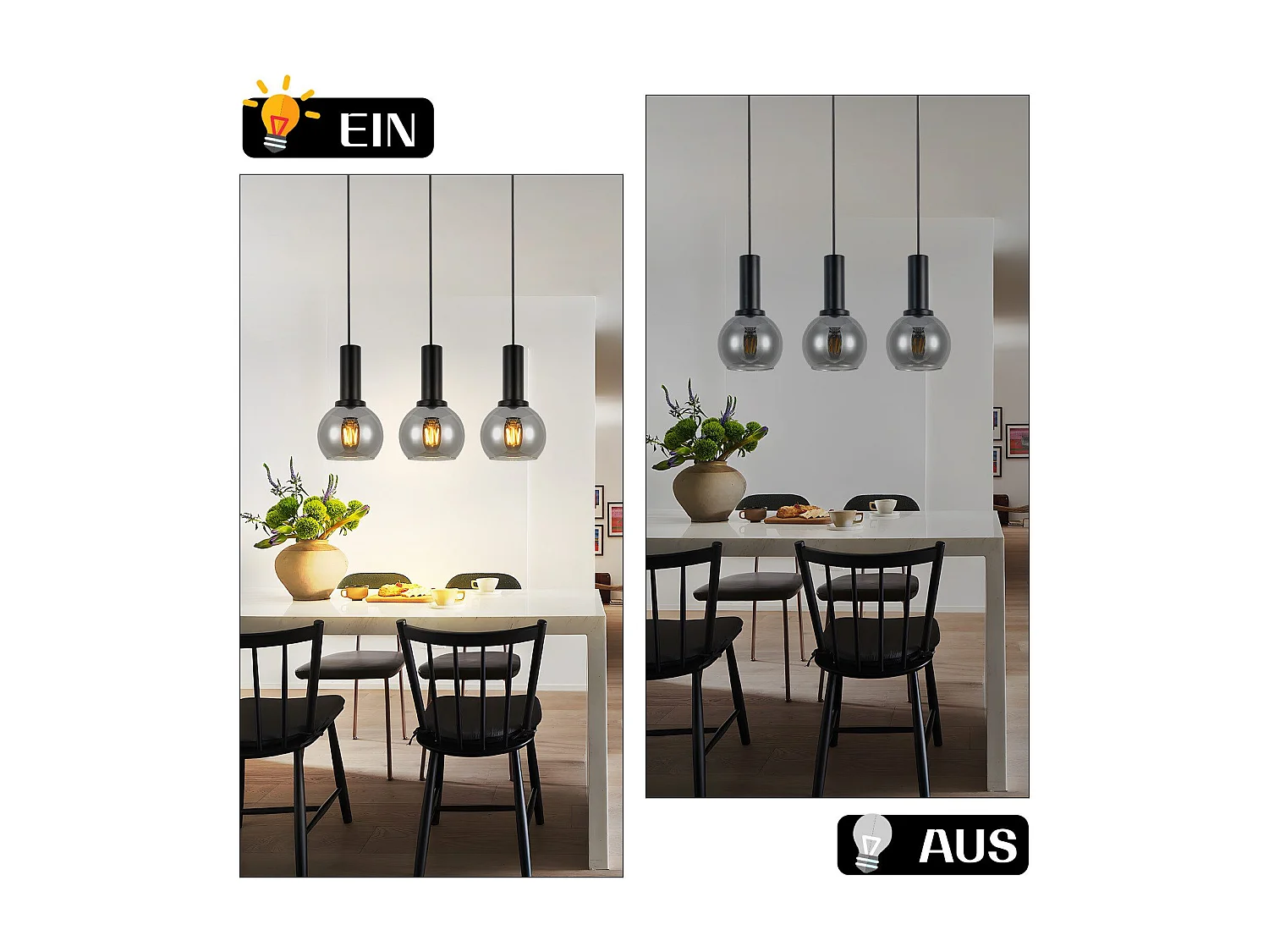 Suspension NETTLIFE vintage 3 flammes lampe suspendue verre E27 à manger lampe réglable en hauteur industrielle