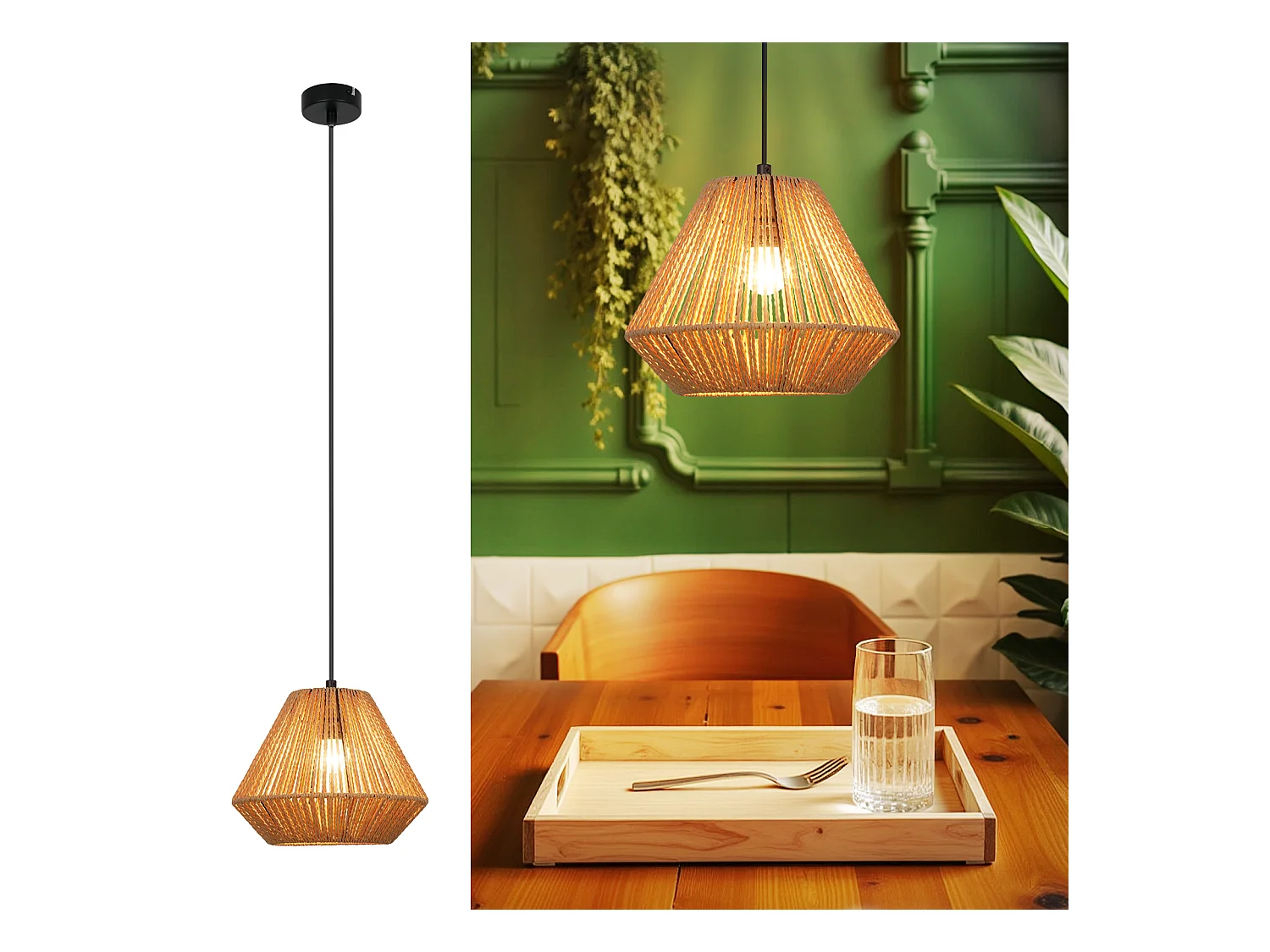 NETTLIFE Vintage Esstisch Pendelleuchte 1 flammig Hanfseil Laterne Design E27 Esszimmerlampe