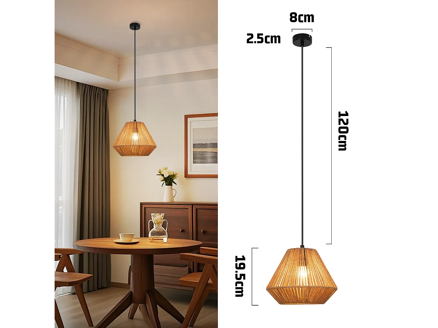NETTLIFE Vintage Esstisch Pendelleuchte 1 flammig Hanfseil Laterne Design E27 Esszimmerlampe