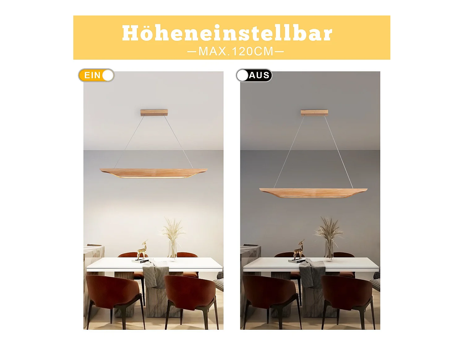 Suspension LED NETTLIFE en bois - Lampe de table à manger au design moderne 90 cm Intensité variable Avec télécommande