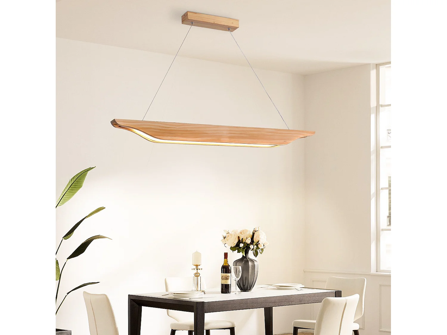 Suspension LED NETTLIFE en bois - Lampe de table à manger au design moderne 90 cm Intensité variable Avec télécommande