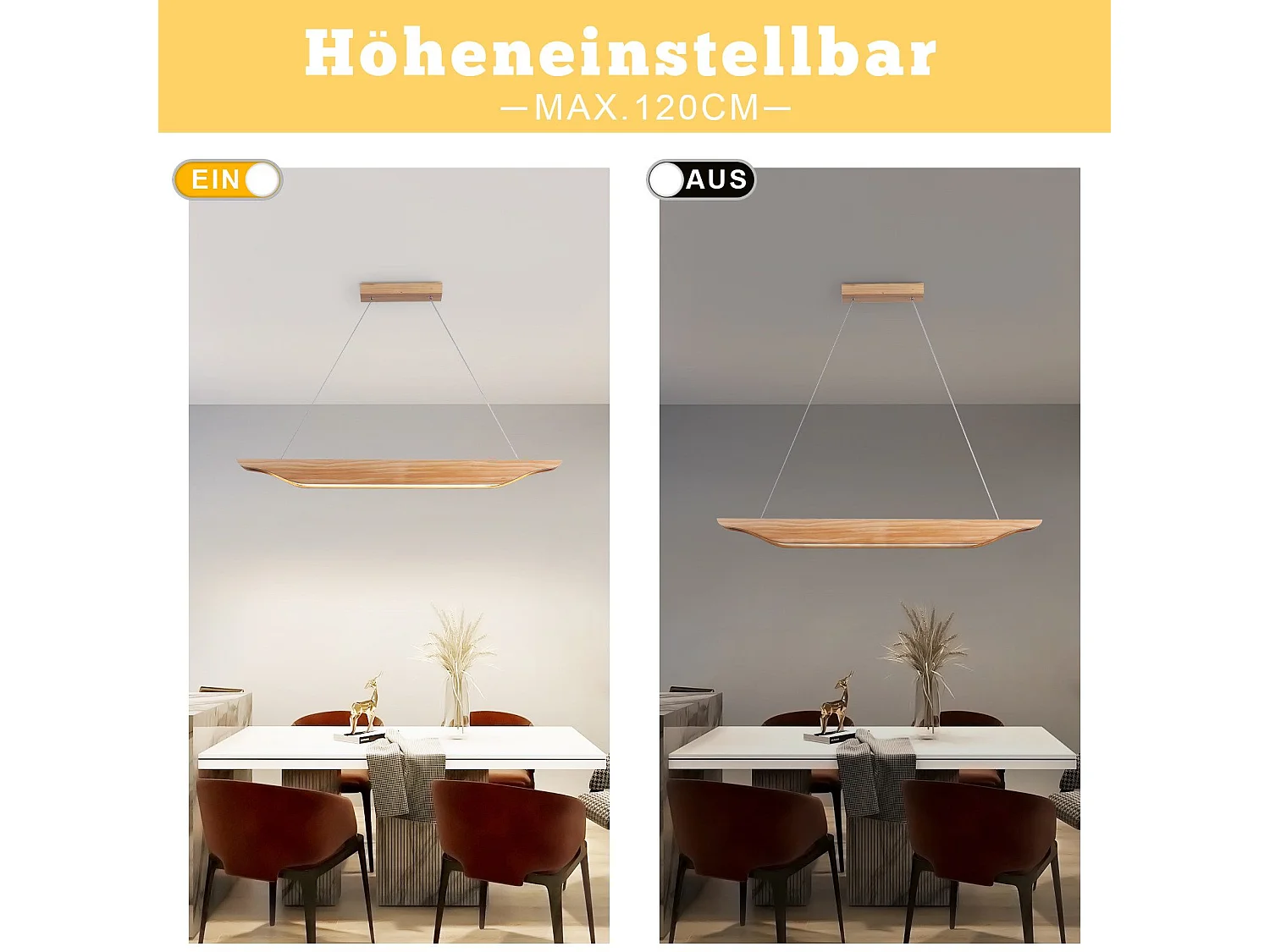 Suspension LED NETTLIFE en bois - Lampe de table à manger au design moderne 90 cm Intensité variable Avec télécommande