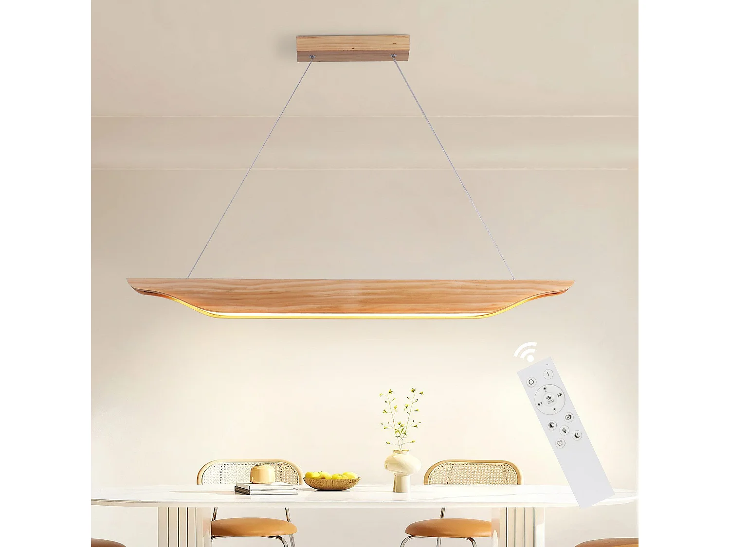Suspension LED NETTLIFE en bois - Lampe de table à manger au design moderne 90 cm Intensité variable Avec télécommande