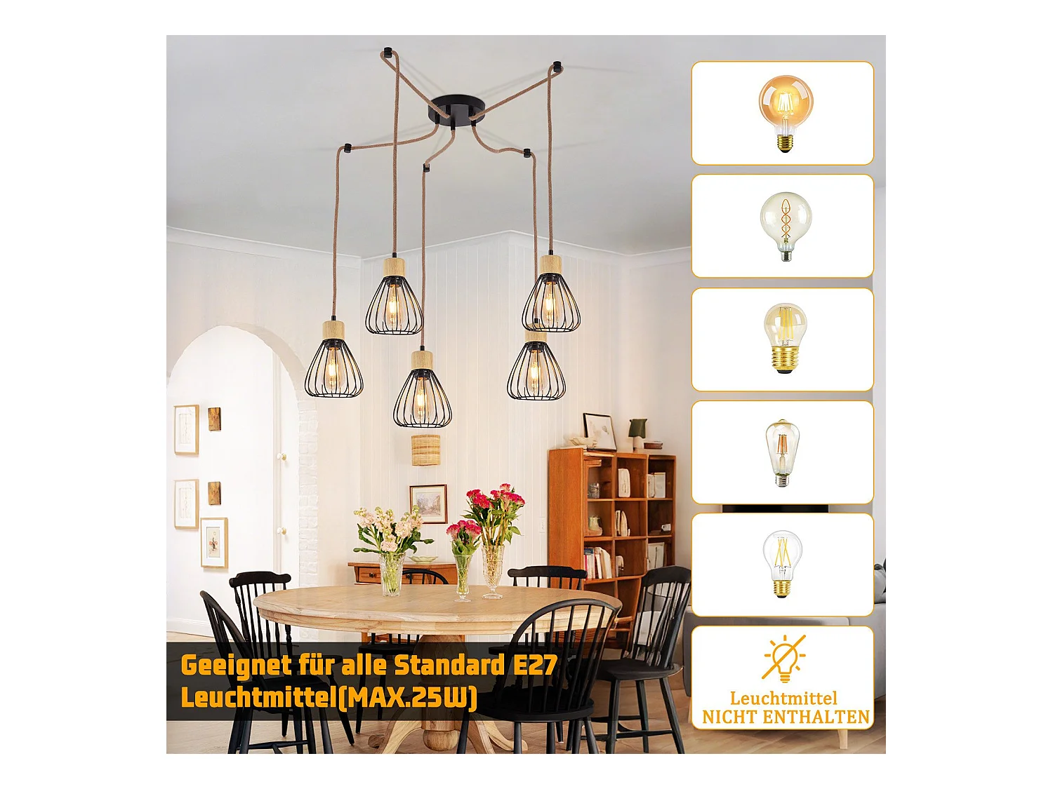 NETTLIFE suspension table à manger lampe suspendue salon vintage noire salle à manger suspension 5 flammes rétro E27