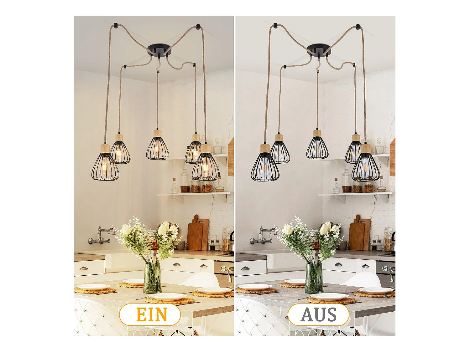 NETTLIFE suspension table à manger lampe suspendue salon vintage noire salle à manger suspension 5 flammes rétro E27