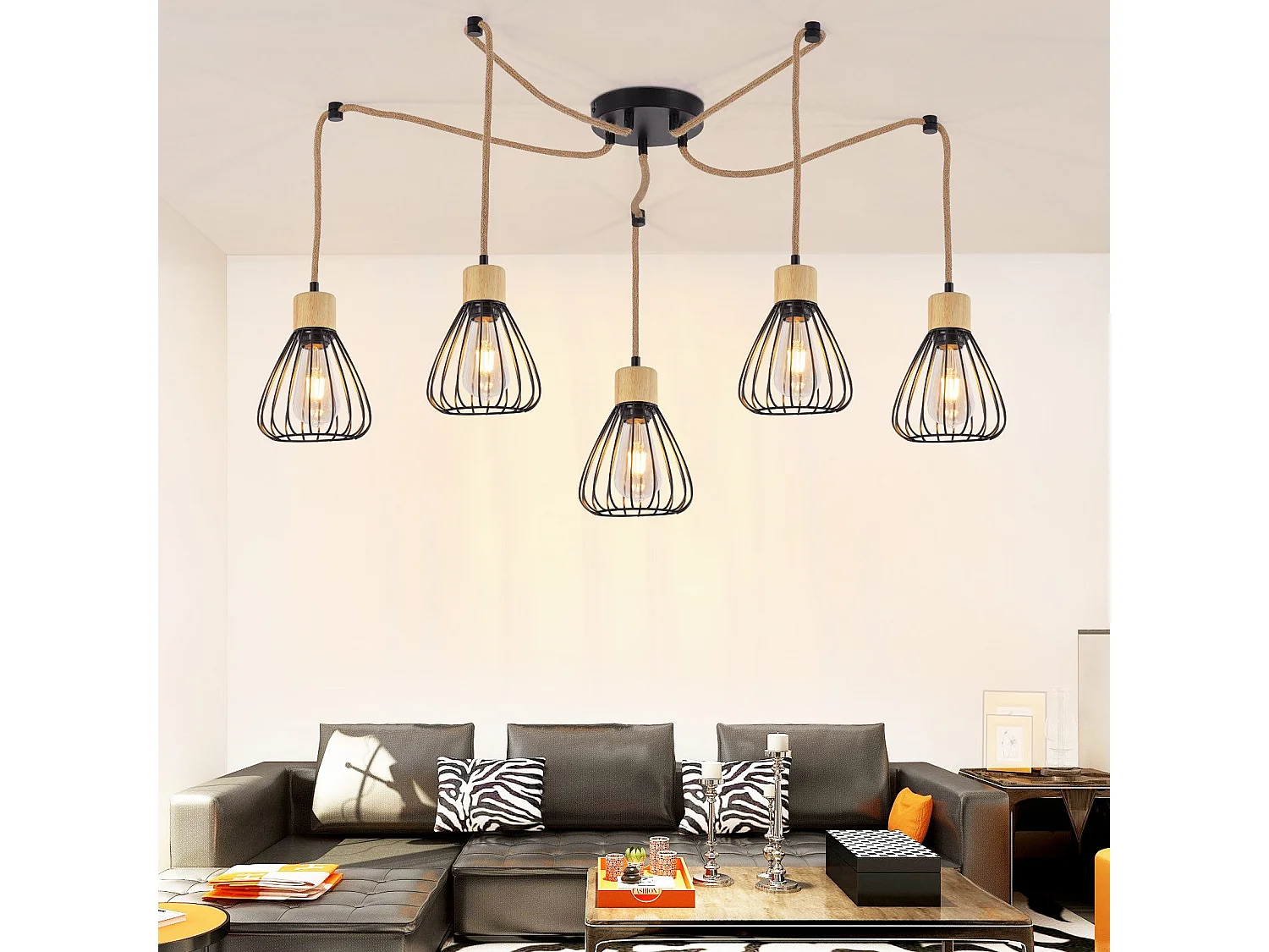 NETTLIFE Hanglamp Metaal Zwart 5-Lichts E27 Fitting Vintage Eettafel Hanglamp Hennep Touw van Hout Industrieel Hanglamp voor Eetkamer | Keuken | Woonkamer