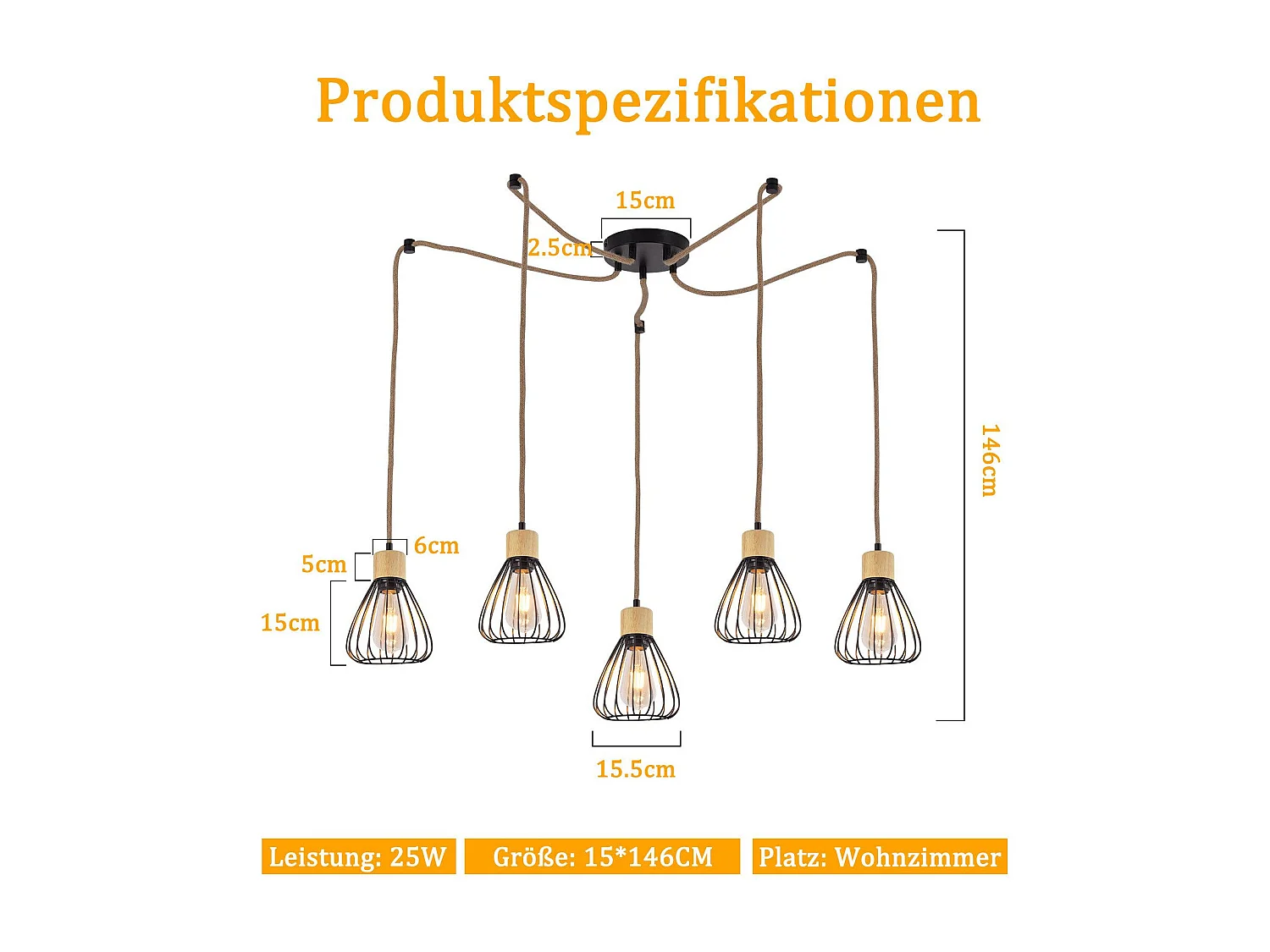 NETTLIFE Hanglamp Metaal Zwart 5-Lichts E27 Fitting Vintage Eettafel Hanglamp Hennep Touw van Hout Industrieel Hanglamp voor Eetkamer | Keuken | Woonkamer