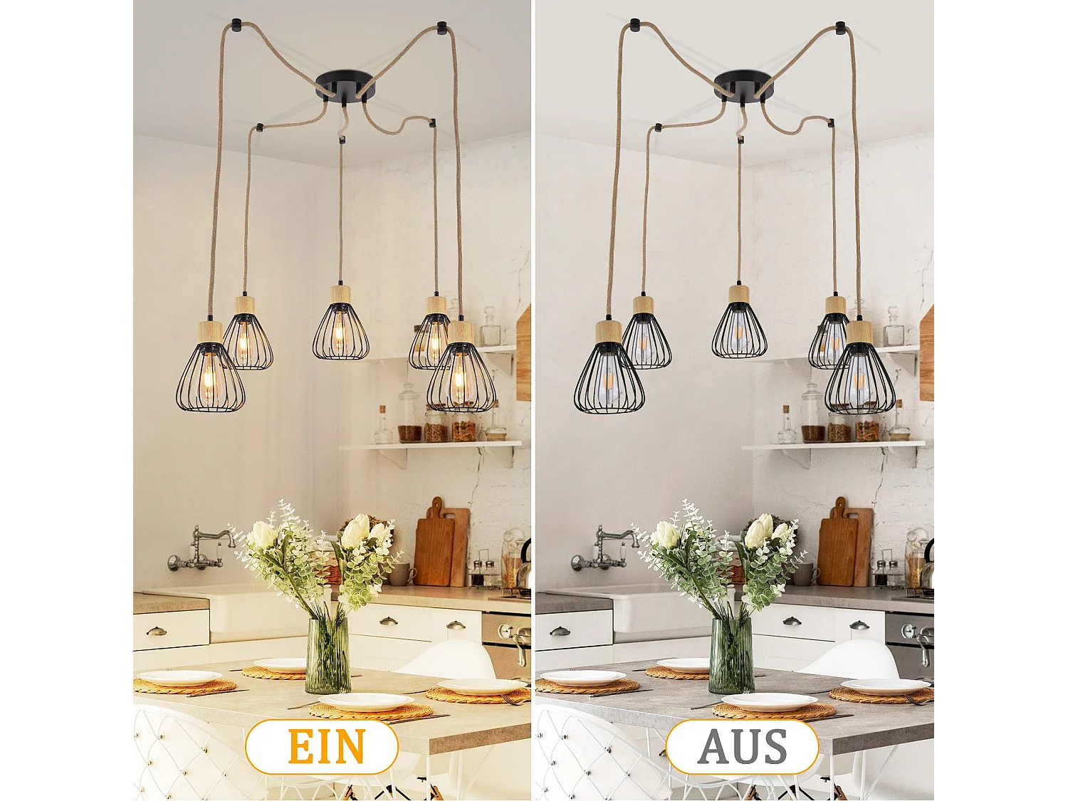 NETTLIFE Hanglamp Metaal Zwart 5-Lichts E27 Fitting Vintage Eettafel Hanglamp Hennep Touw van Hout Industrieel Hanglamp voor Eetkamer | Keuken | Woonkamer