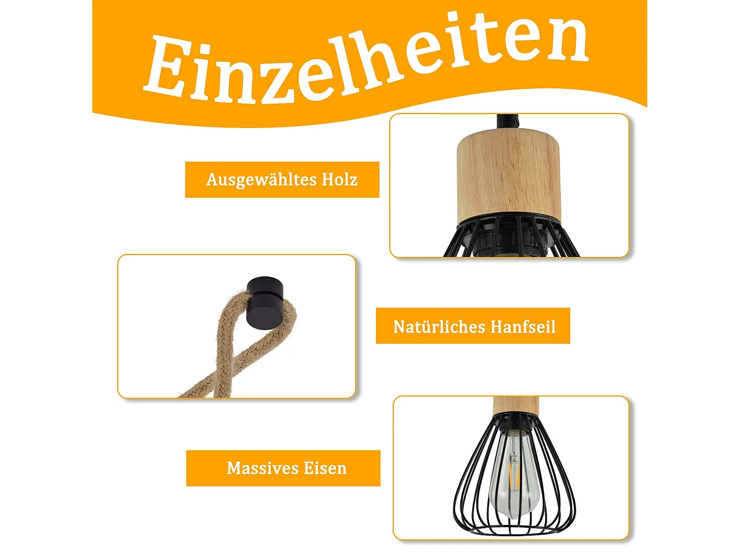 NETTLIFE Hanglamp Metaal Zwart 5-Lichts E27 Fitting Vintage Eettafel Hanglamp Hennep Touw van Hout Industrieel Hanglamp voor Eetkamer | Keuken | Woonkamer