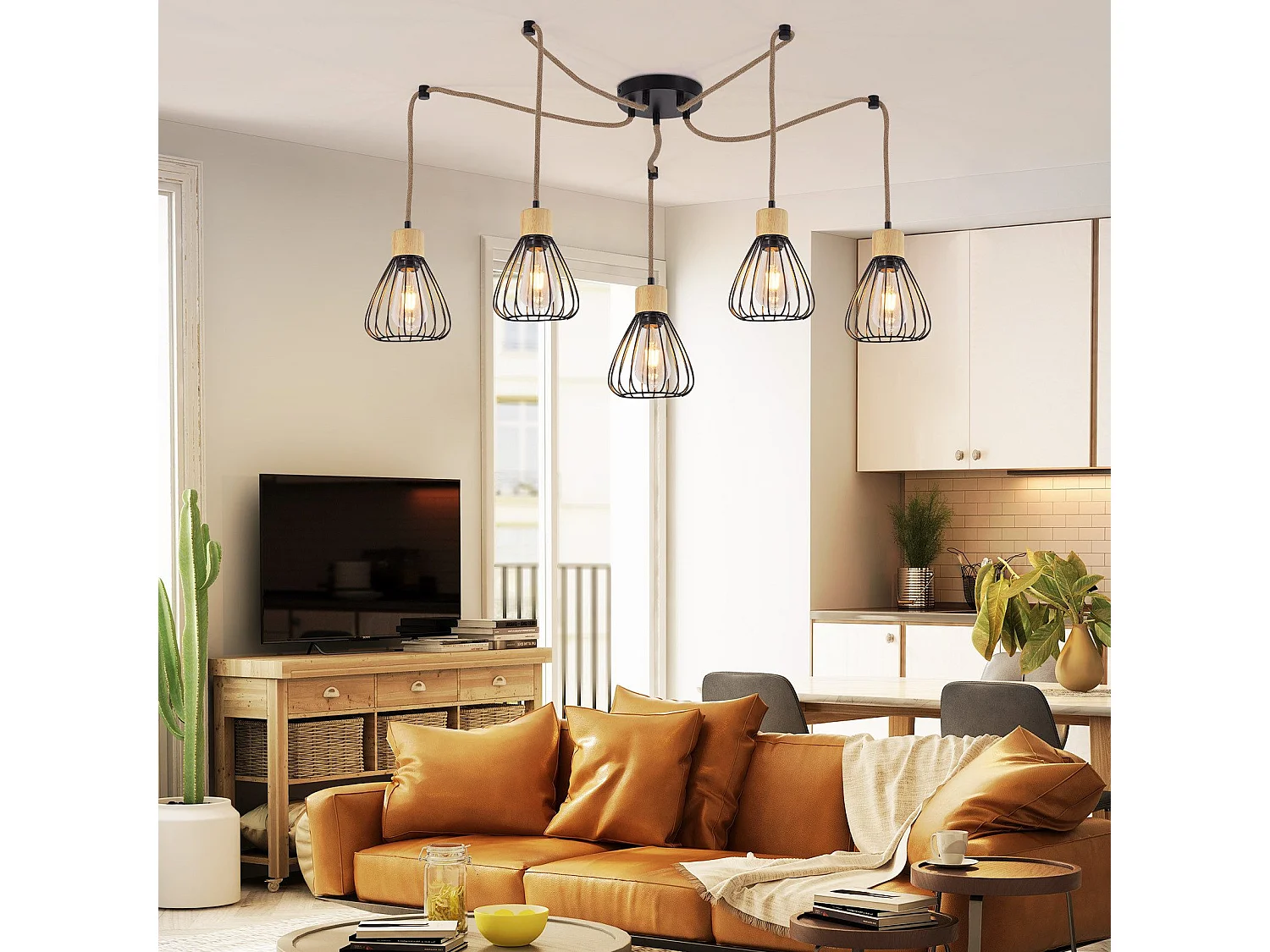 NETTLIFE Hanglamp Metaal Zwart 5-Lichts E27 Fitting Vintage Eettafel Hanglamp Hennep Touw van Hout Industrieel Hanglamp voor Eetkamer | Keuken | Woonkamer