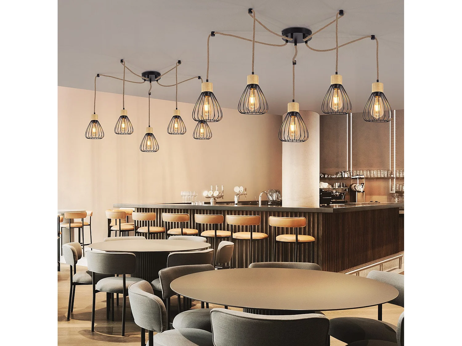 NETTLIFE Hanglamp Metaal Zwart 5-Lichts E27 Fitting Vintage Eettafel Hanglamp Hennep Touw van Hout Industrieel Hanglamp voor Eetkamer | Keuken | Woonkamer