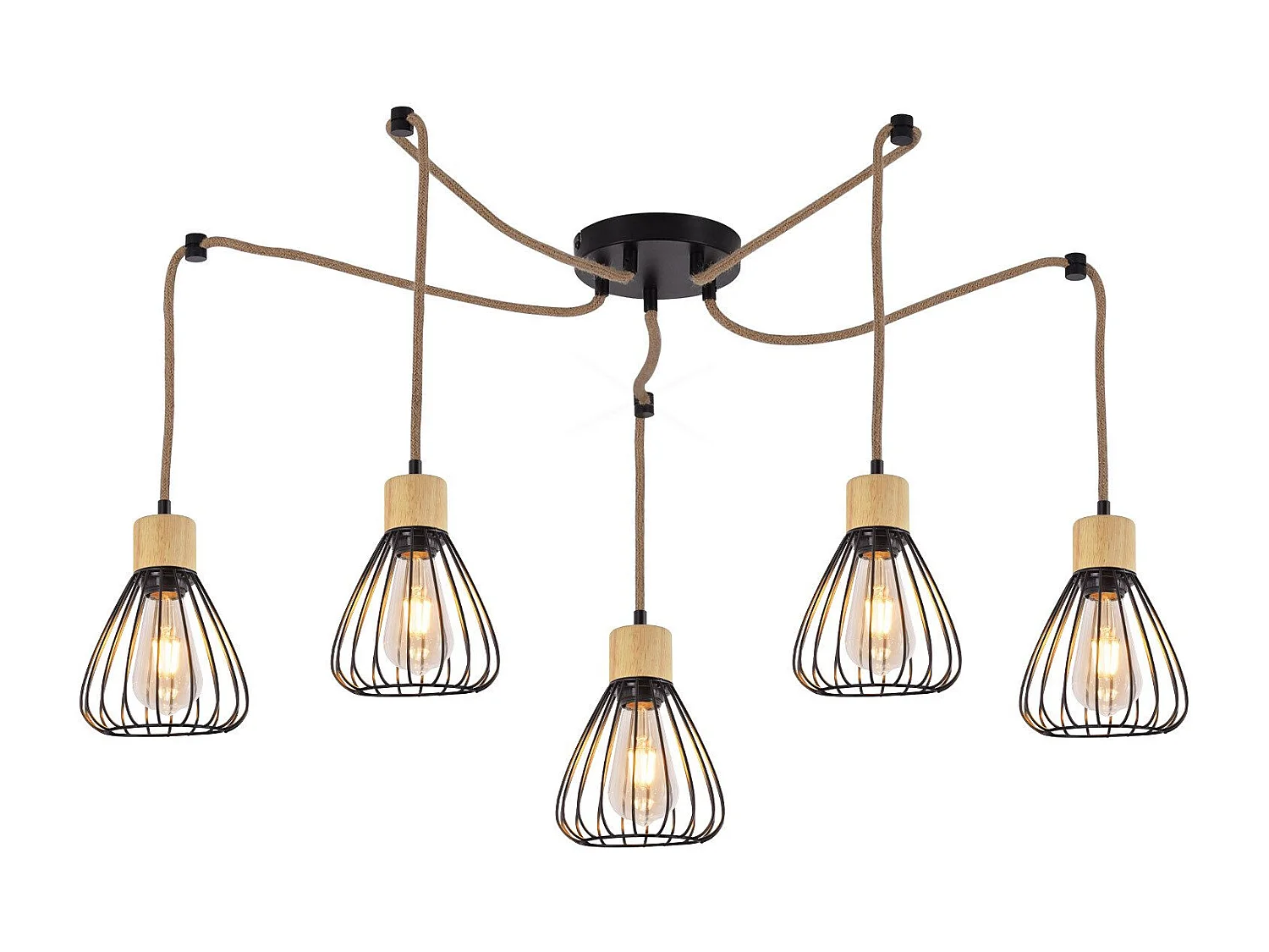NETTLIFE Hanglamp Metaal Zwart 5-Lichts E27 Fitting Vintage Eettafel Hanglamp Hennep Touw van Hout Industrieel Hanglamp voor Eetkamer | Keuken | Woonkamer