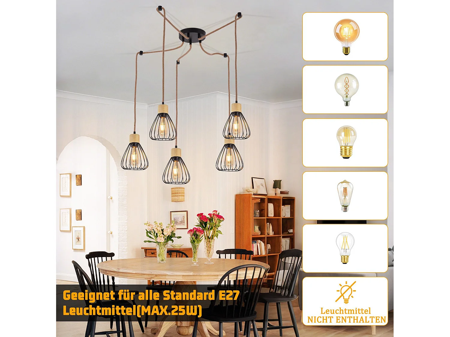 NETTLIFE suspension table à manger lampe suspendue salon vintage noire salle à manger suspension 5 flammes rétro E27