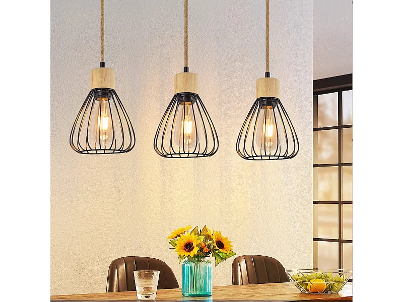 NETTLIFE Hanglamp Vintage Industriële Retro Woonkamer Hanglamp in Hout en Henneptouw in Zwart Metaal 3 Vlammen E27