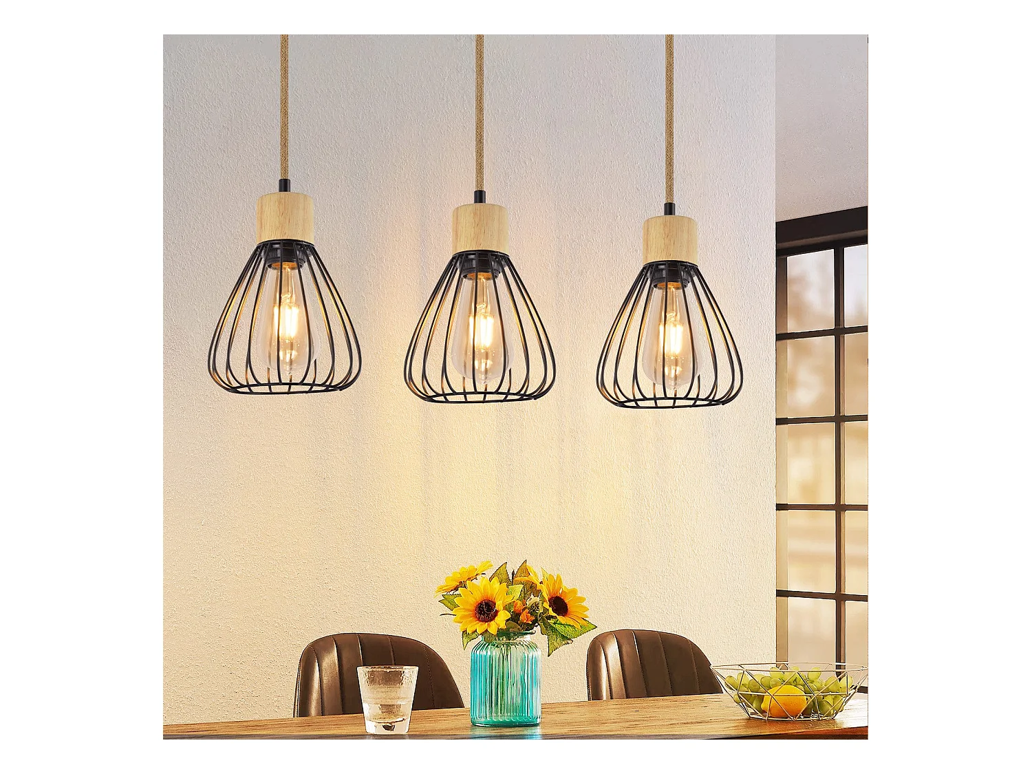 Suspension NETTLIFE Lampe suspension vintage pour salon industrielle rétro en bois et corde de chanvre en métal noir 3 flammes E27