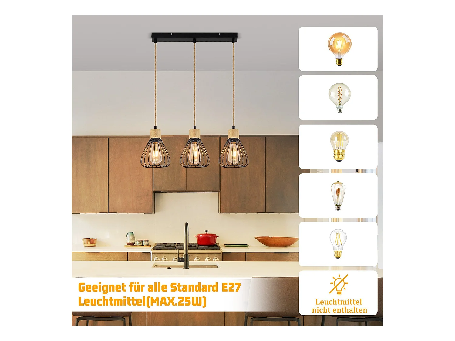 Suspension NETTLIFE Lampe suspension vintage pour salon industrielle rétro en bois et corde de chanvre en métal noir 3 flammes E27