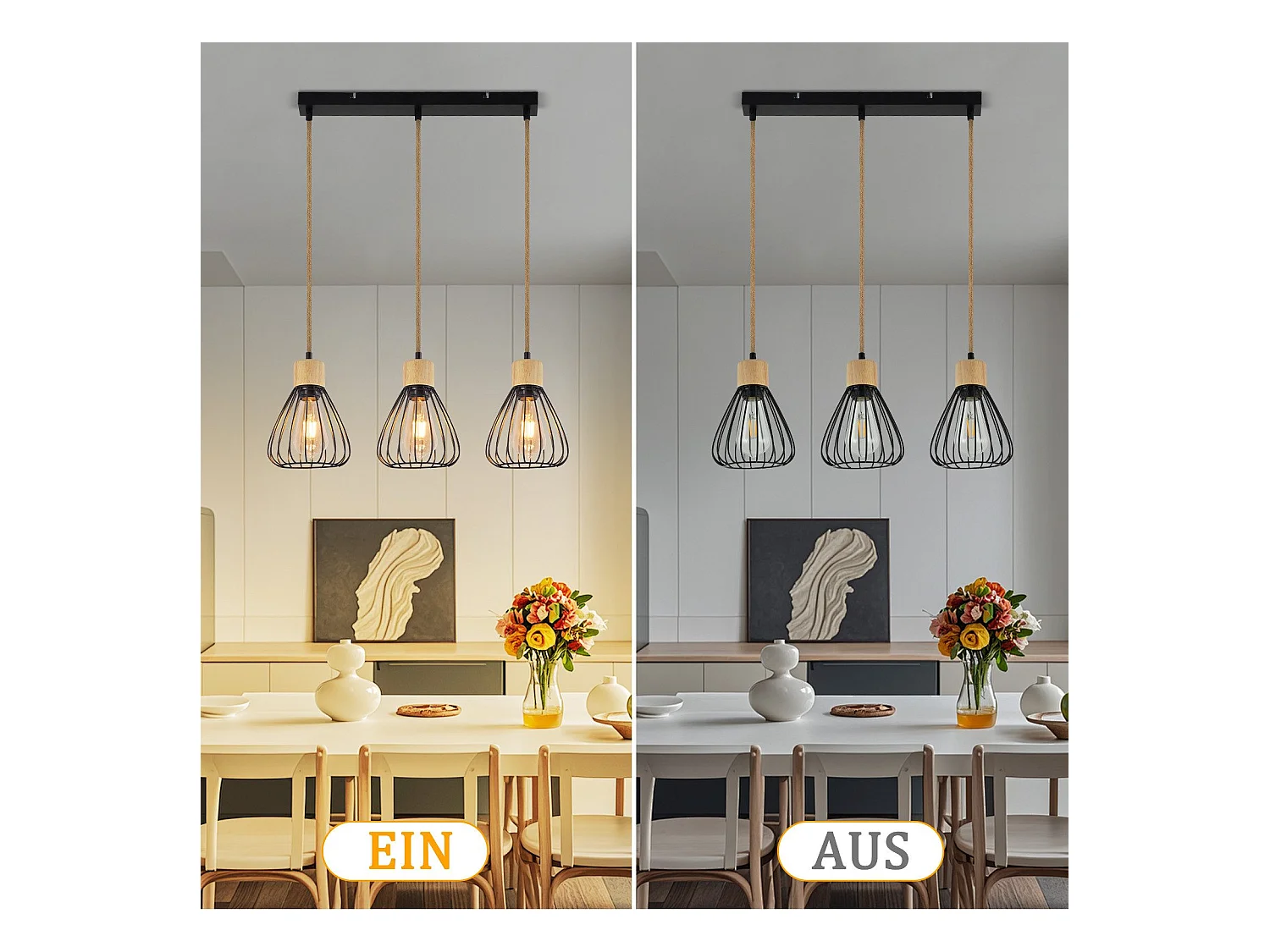 Suspension NETTLIFE Lampe suspension vintage pour salon industrielle rétro en bois et corde de chanvre en métal noir 3 flammes E27