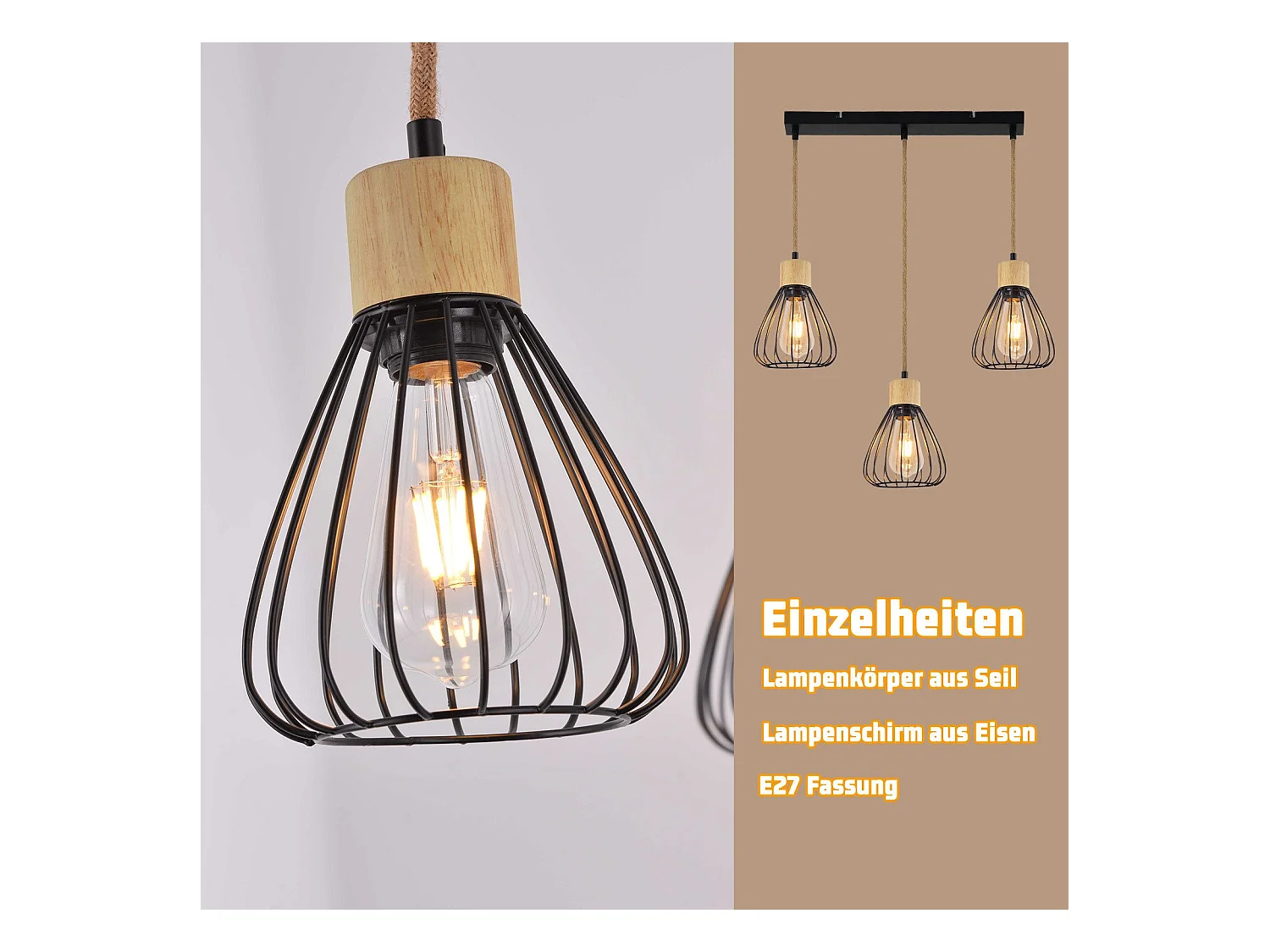 Suspension NETTLIFE Lampe suspension vintage pour salon industrielle rétro en bois et corde de chanvre en métal noir 3 flammes E27