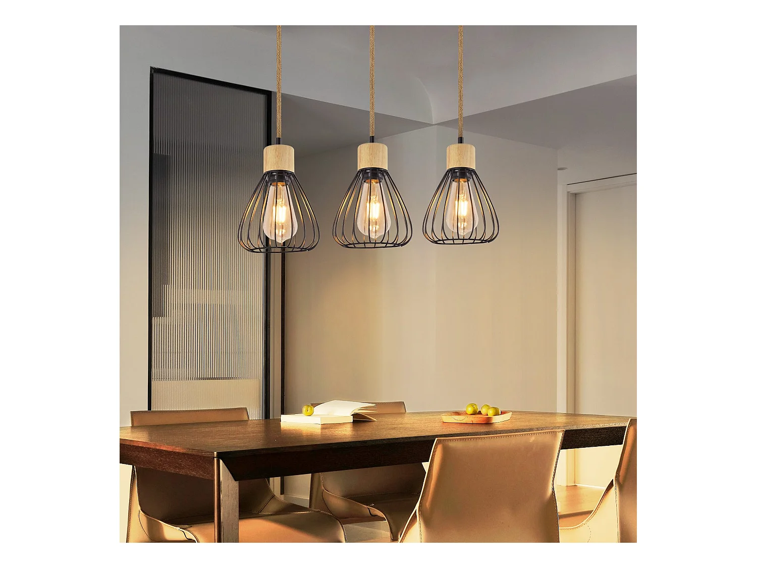 Suspension NETTLIFE Lampe suspension vintage pour salon industrielle rétro en bois et corde de chanvre en métal noir 3 flammes E27